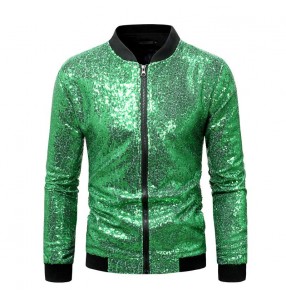 silver green gold red sequins Jazz dance coats for men youth DJ ds nightclub bar singers choir stage performance jackets for man standing collar short coats 
